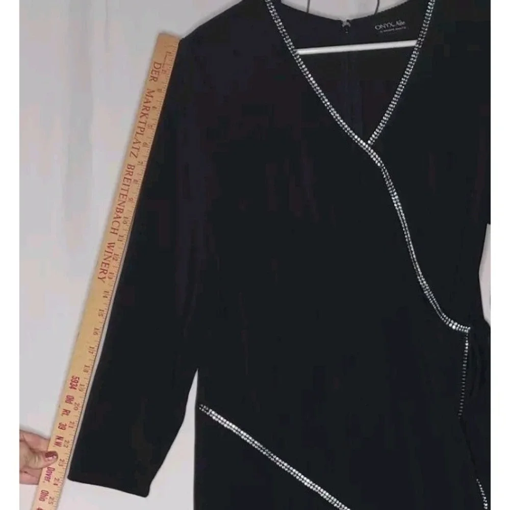 Onyx Nite Maxi Dress 14‎ Black Faux Wrap Diamond Jewel Tie VNeck Long Sleeve Zip
